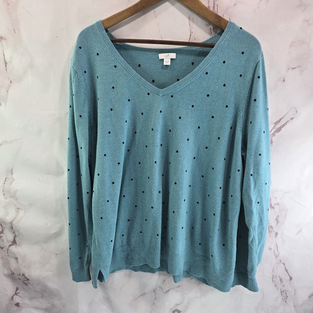 J. Jill Teal V-Neck Sweater with Navy Polka Dots